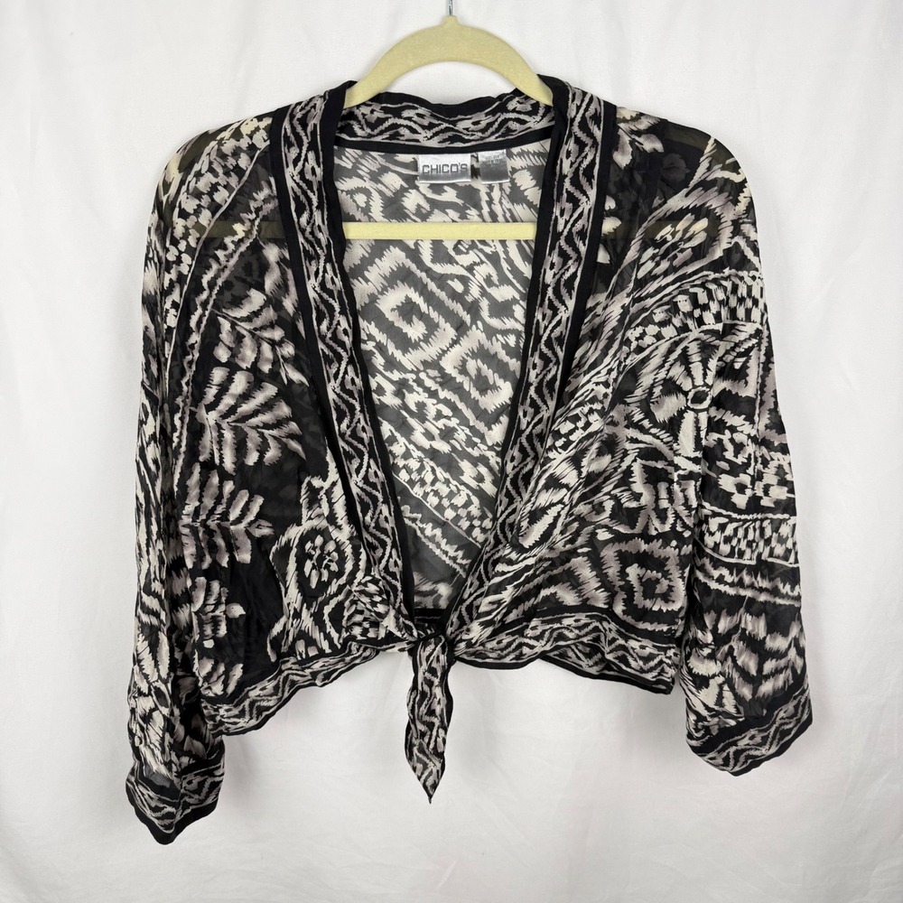 Chicos Silk Sheer Tie Front Cropped Blouse Wrap Sz 0 Boho‎ Whimsigoth Resortwear